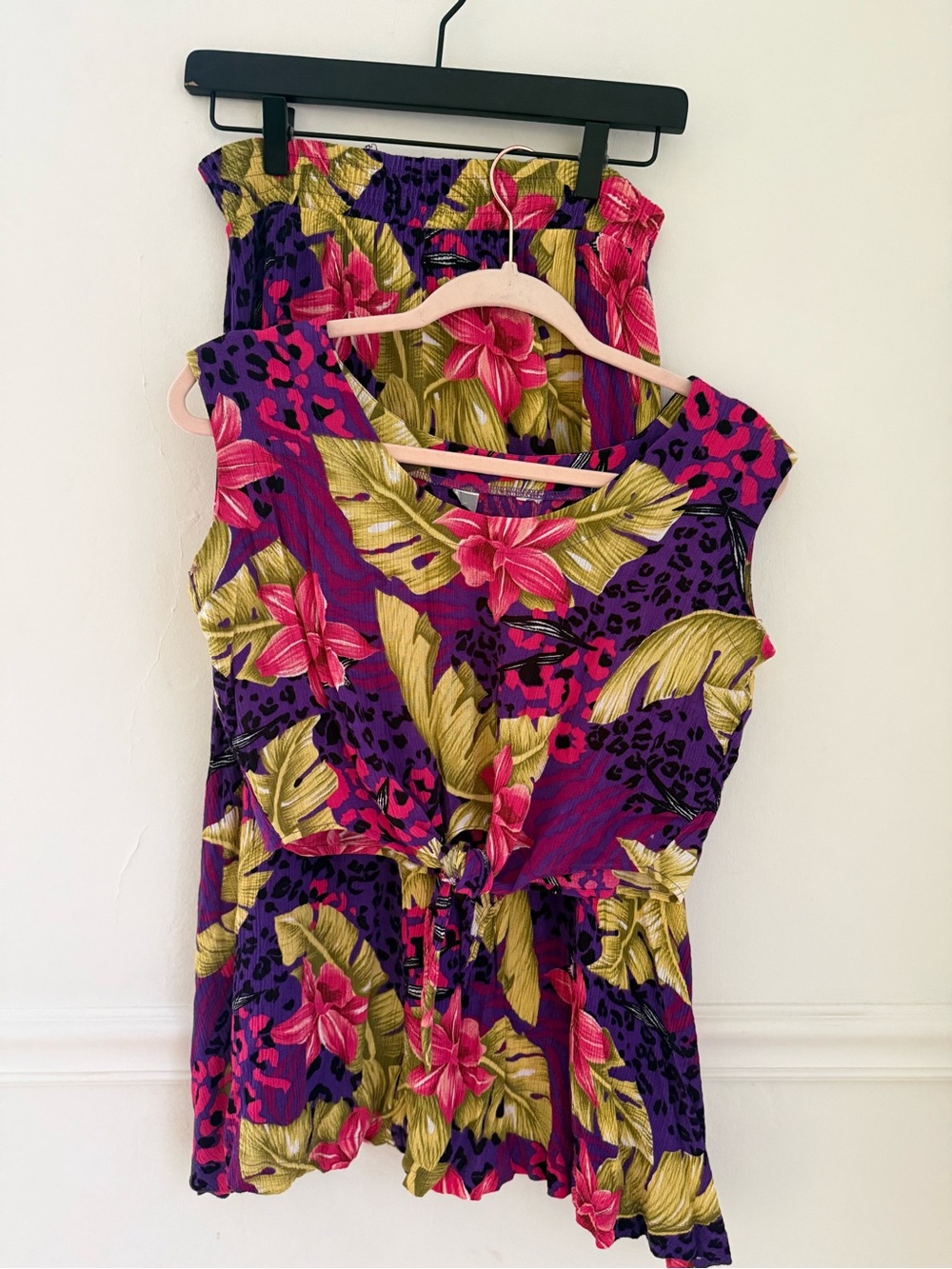 Vintage 80s 90s Tropical Animal Print Matching Hawaiian Midi Skirt & Crop Top